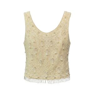 Vintage Beaded Wool Shell Top Womens Cream Sequin Pearl Fringe Mid-Century Small